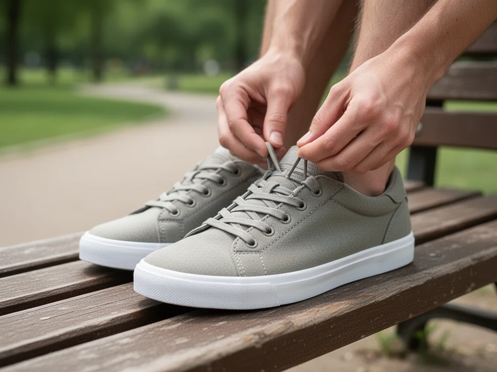 Buty sportowe z elastycznymi sznurówkami bez wiązania, dłonie poprawiające sznurówki na tle parku i drewnianej ławki