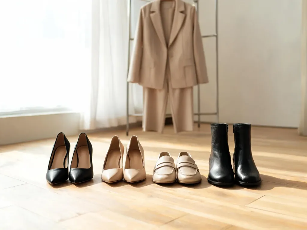 Eleganckie damskie buty do garnituru: czółenka, loafersy i botki w neutralnych kolorach na tle wiszącego garnituru.