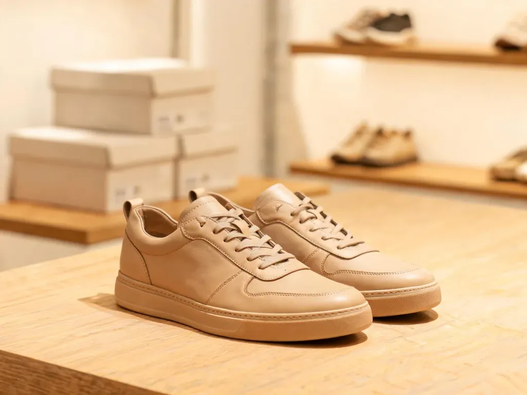 Eleganckie skórzane buty casual na stole w minimalistycznym sklepie obuwniczym, podkreślające jakość i styl marki Filippo.