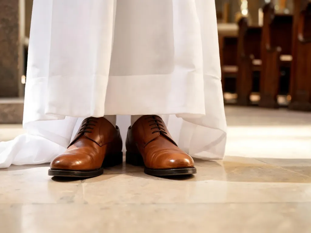 Eleganckie jasnobrązowe buty chłopca do alby na jasnej posadzce kościoła, pod białą szatą komunijną.