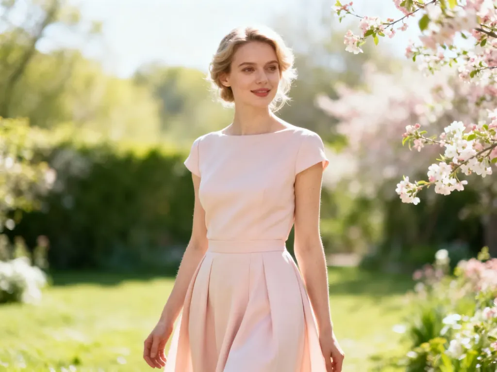Elegancka kobieta w pastelowej sukience midi w słonecznym ogrodzie, prezentująca stylizację na chrzciny.