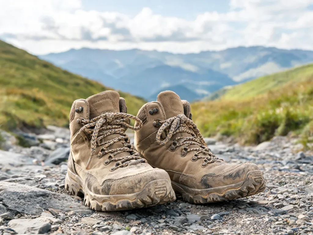 Solidne buty trekkingowe na kamienistym górskim szlaku, podkreślające przyczepność i wygodę chodzenia po górach