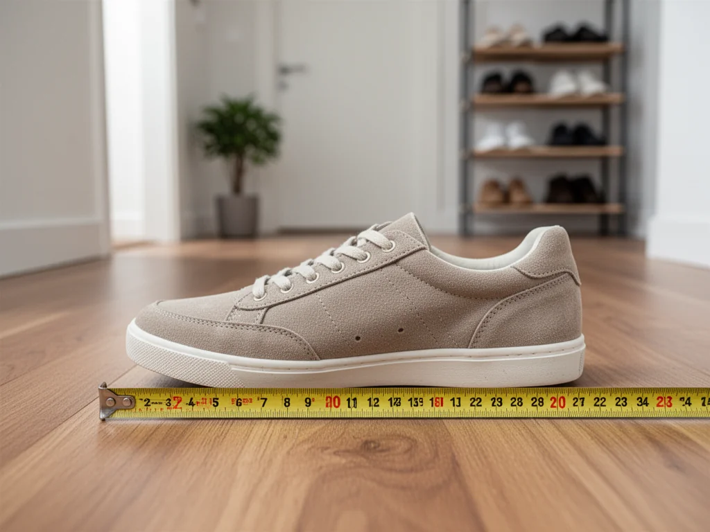 Sportowy sneaker mierzony miarką na 28 cm na drewnianej podłodze, ilustrujący dobór właściwego rozmiaru buta