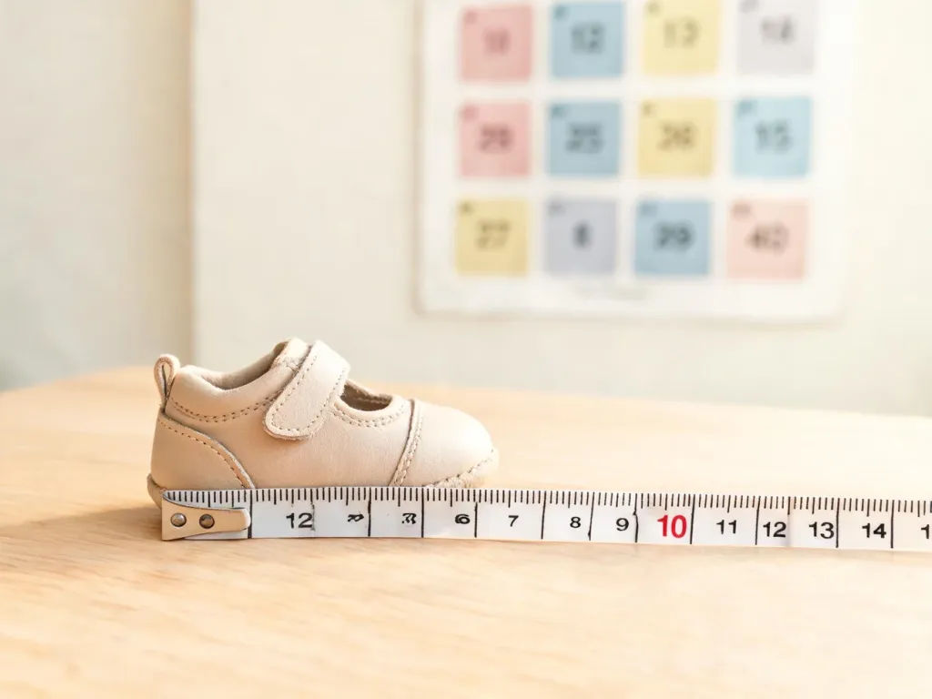 Mały dziecięcy bucik mierzony miarką na 13 cm obok prostej tabeli rozmiarów butów w tle