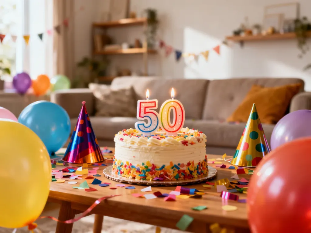 Kolorowy stół urodzinowy na 50‑tkę z tortem, świeczkami „50”, balonami i konfetti, tworzący radosny, zabawny nastrój.