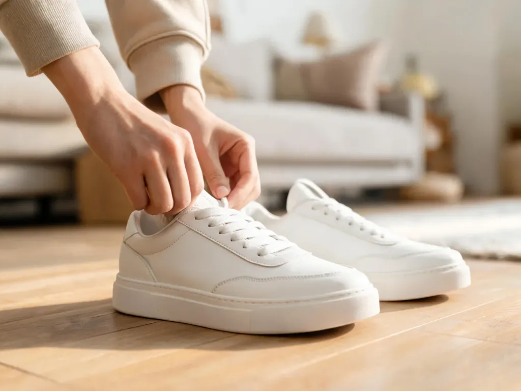 Dłonie chowają sznurówki białych minimalistycznych sneakersów do środka, tworząc gładki, niewidoczny sposób wiązania.