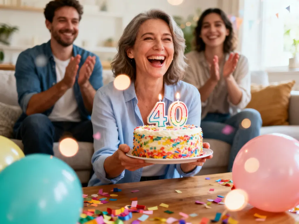 Roześmiana kobieta z tortem z kolorowymi świeczkami „40”, w tle balony, konfetti i przyjaciele składający życzenia.