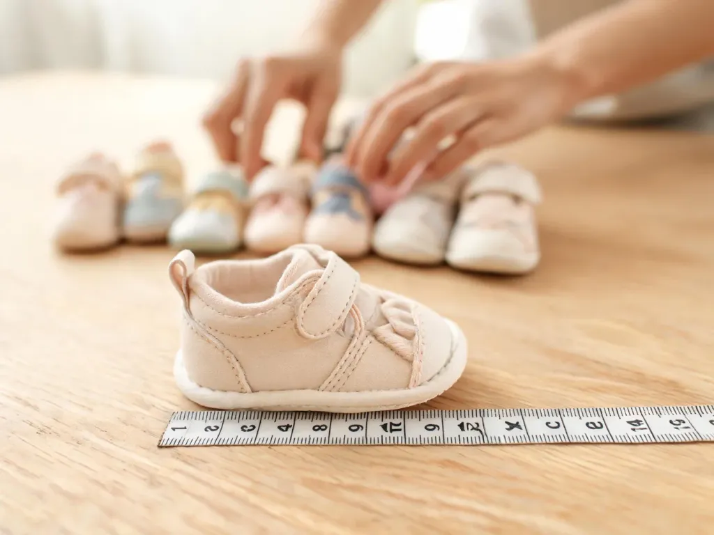 Mały bucik dziecięcy obok miarki pokazującej 12 cm, w tle rodzic porównuje inne rozmiary butów dziecka