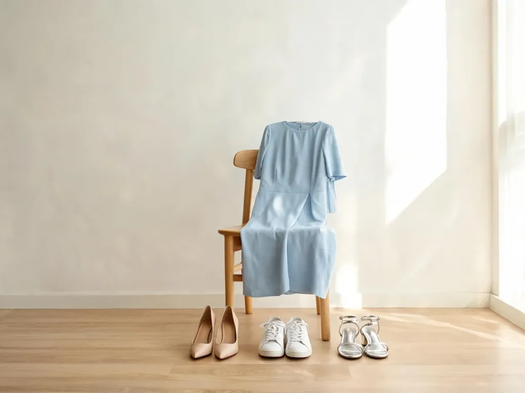 Błękitna sukienka na krześle obok szpilek nude, białych sneakersów i srebrnych sandałów jako propozycje obuwia na różne okazje.