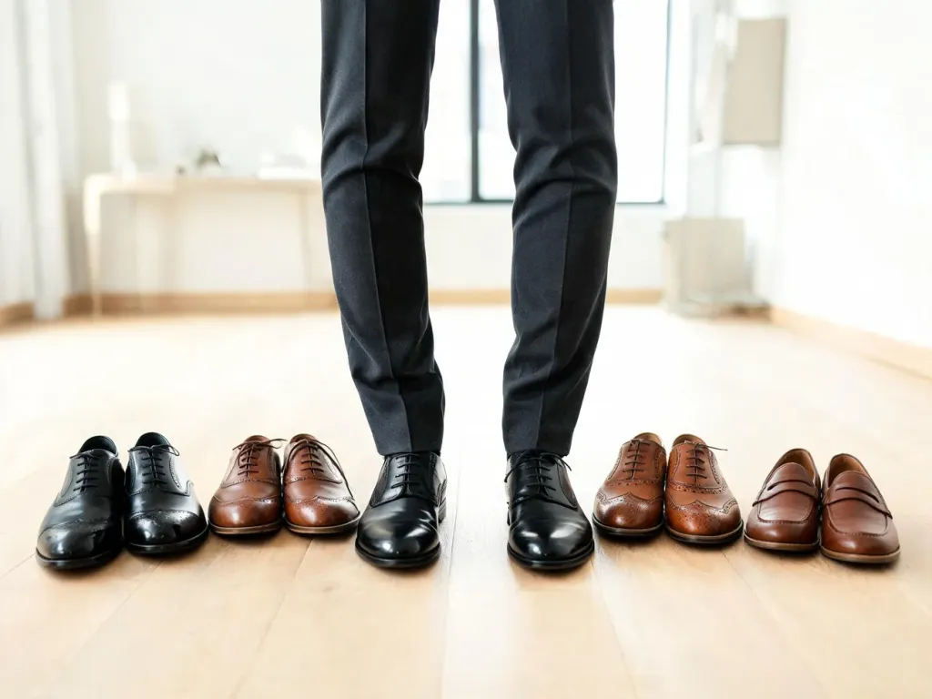 Mężczyzna w garniturze wybiera spośród kilku par eleganckich butów: oxfordów, derby, brogsów i loafersów.