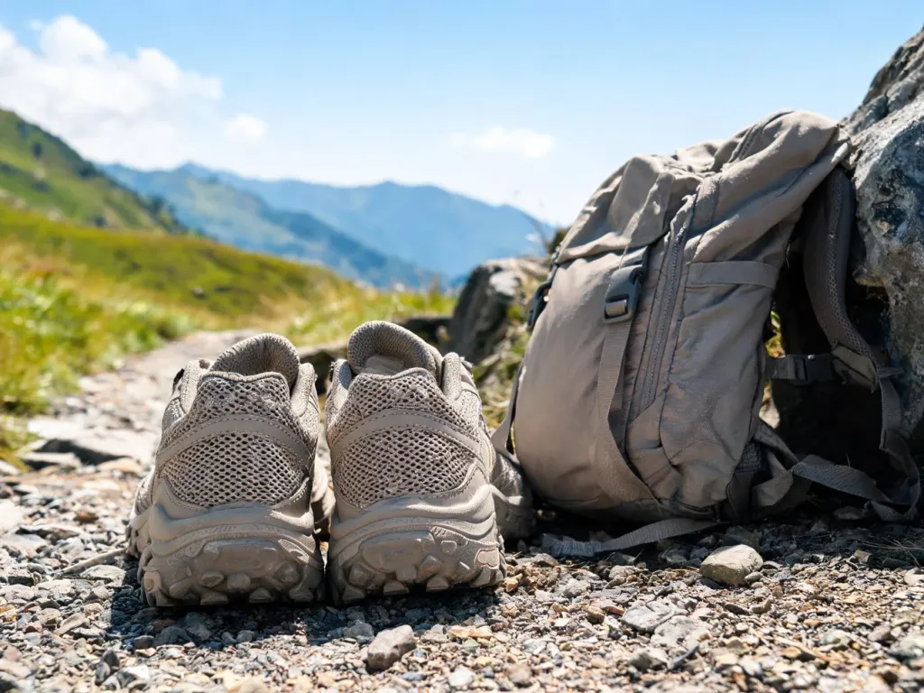 Lekkie buty trekkingowe z przewiewnej siateczki na górskim szlaku latem, obok prostego plecaka, w słoneczny dzień