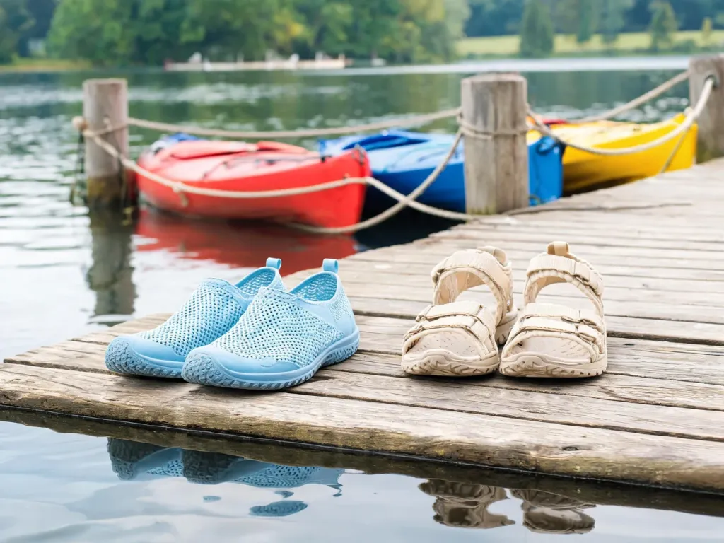 Lekkie buty do wody i sandały sportowe na pomoście przy kajakach, ilustrujące obuwie odpowiednie na spływ kajakowy.