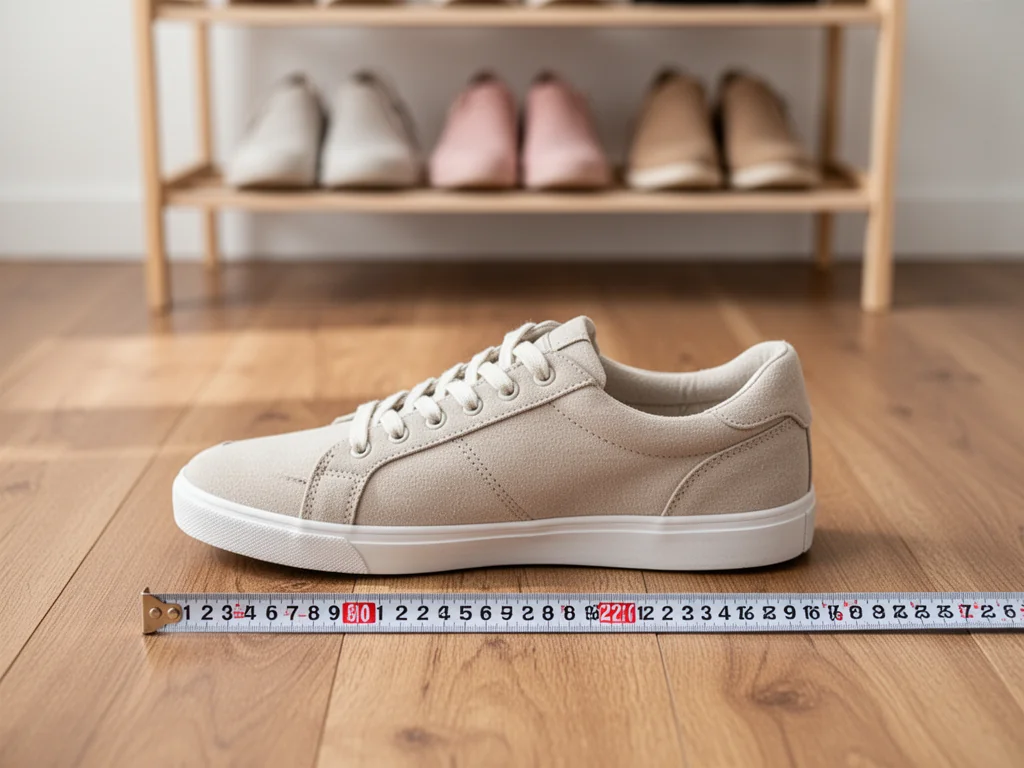 Sneaker mierzony miarką na 27 cm na drewnianej podłodze, w tle rozmyta półka z butami w neutralnych kolorach.