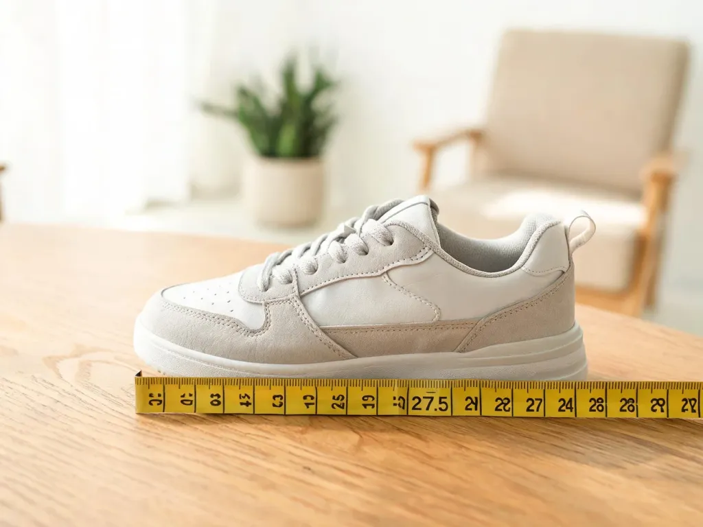 Sportowy sneaker mierzony miarką na 27,5 cm, ilustrujący dobór długości wkładki i rozmiaru buta