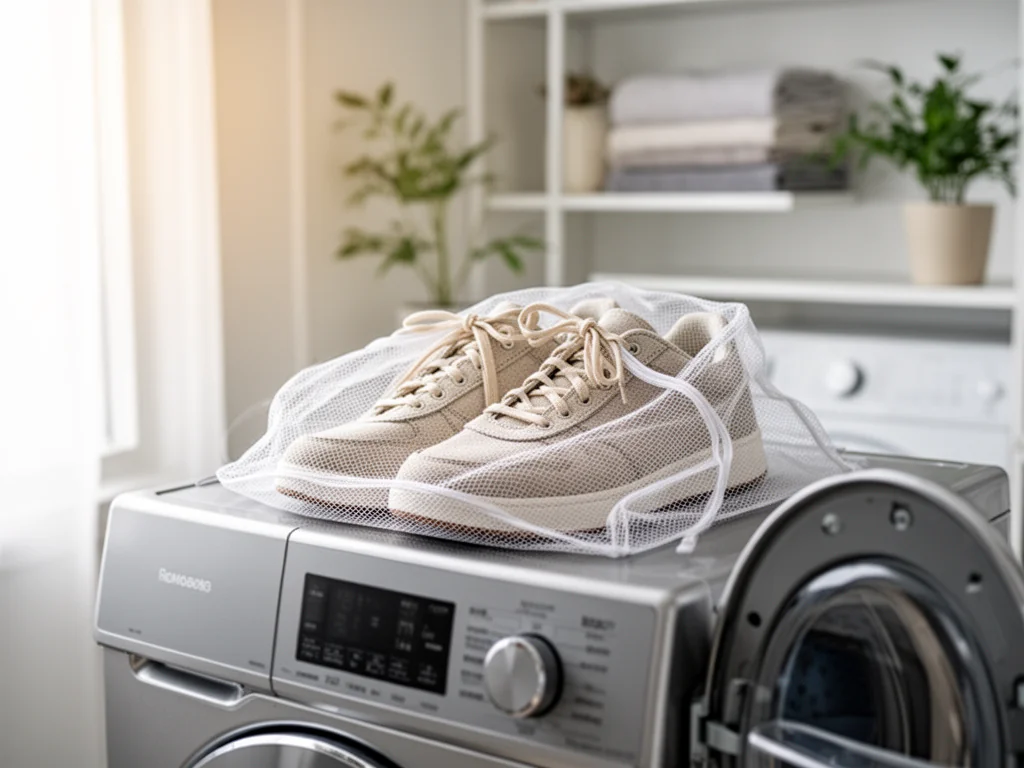 Jasne sneakersy w siatce ochronnej przed włożeniem do pralki, gotowe do bezpiecznego prania w nowoczesnej łazience
