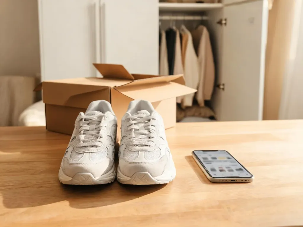 Stylowe markowe sneakersy na stoliku obok telefonu z aplikacją zakupową, w tle otwarta paczka i szafa z ubraniami