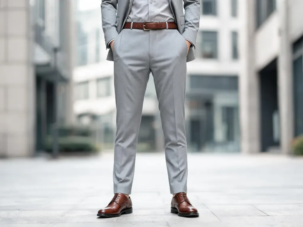 Mężczyzna w jasnoszarym garniturze prezentuje eleganckie brązowe półbuty i dopasowany pasek na miejskim chodniku.