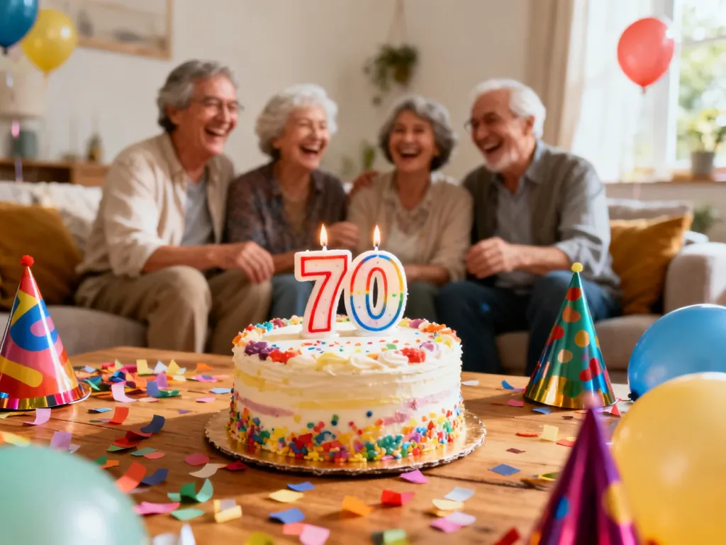 Radosne 70. urodziny: kolorowy tort, konfetti i balony, w tle roześmiani seniorzy świętują razem.