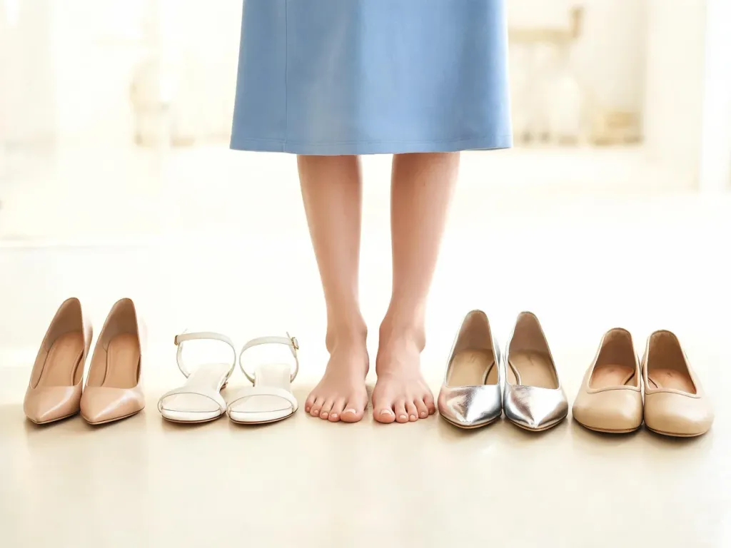 Kobieta w niebieskiej sukience wybiera eleganckie buty: nude szpilki, białe sandały, srebrne czółenka i beżowe baleriny.