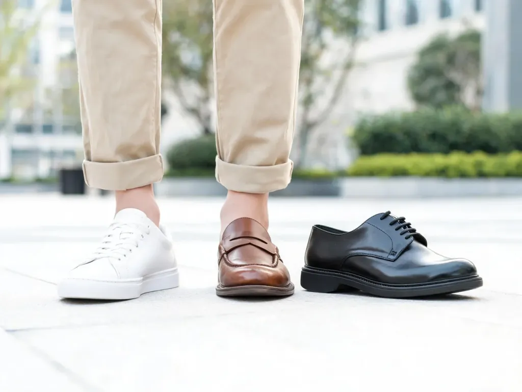 Beżowe chinosy zestawione z białymi sneakersami, brązowymi loafersami i czarnymi derbami jako propozycje obuwia.