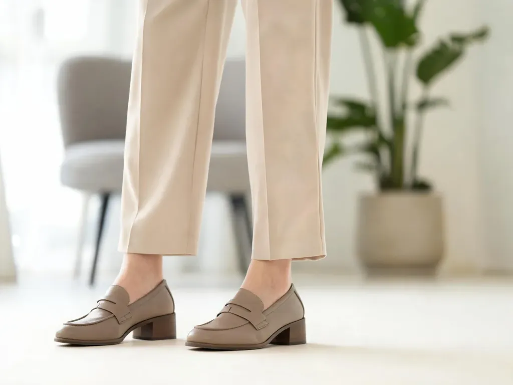 Szerokie eleganckie spodnie zestawione z loafersami na niskim obcasie, przykład stylowych butów do szerokich spodni.