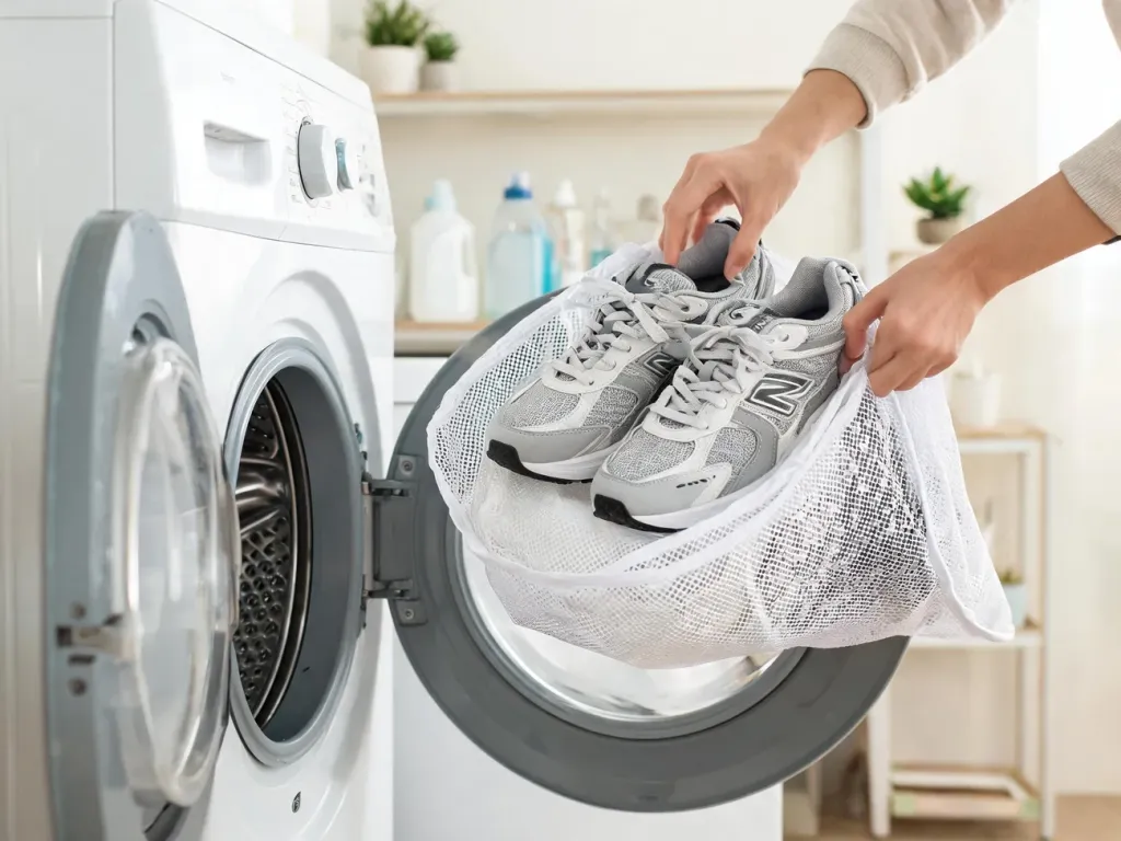 Ręce wkładają sportowe buty do siateczki i pralki, ilustrując prawidłowe pranie obuwia w odpowiedniej temperaturze