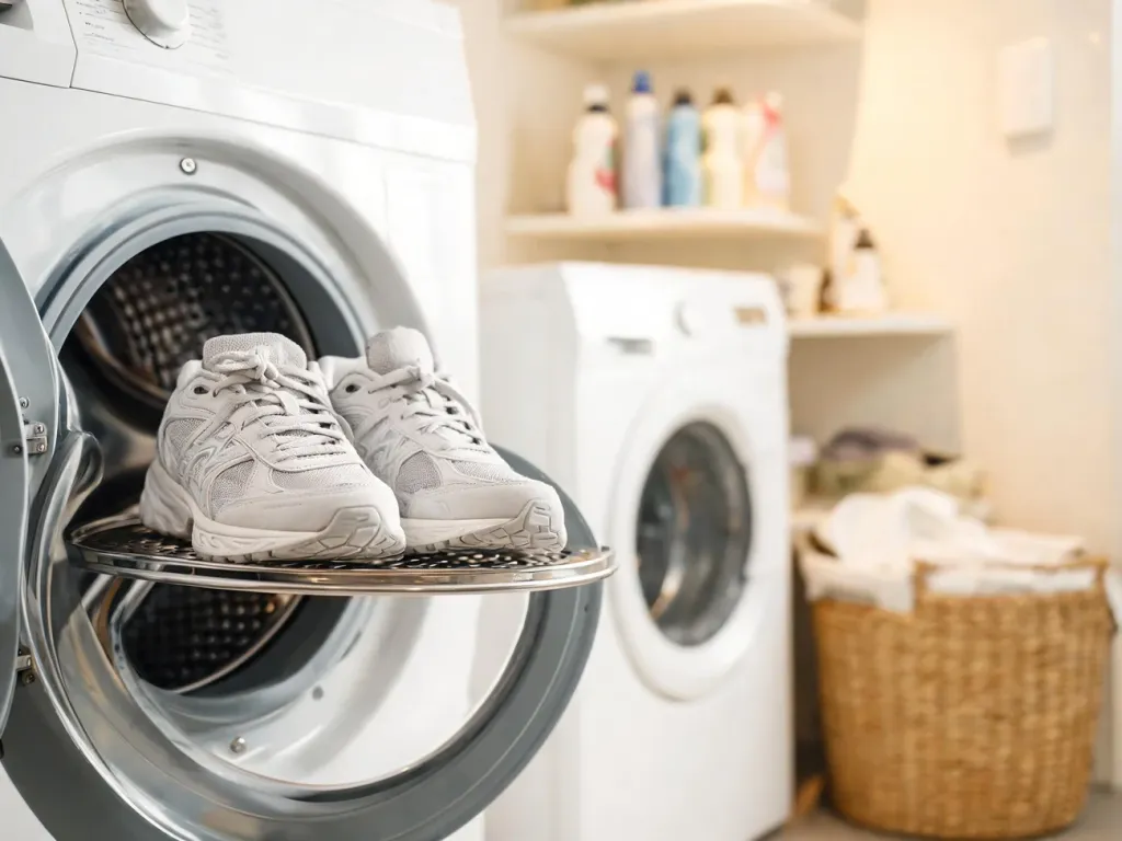 Buty sportowe ułożone przy otwartych drzwiach suszarki bębnowej w jasnej, zadbanej pralni domowej