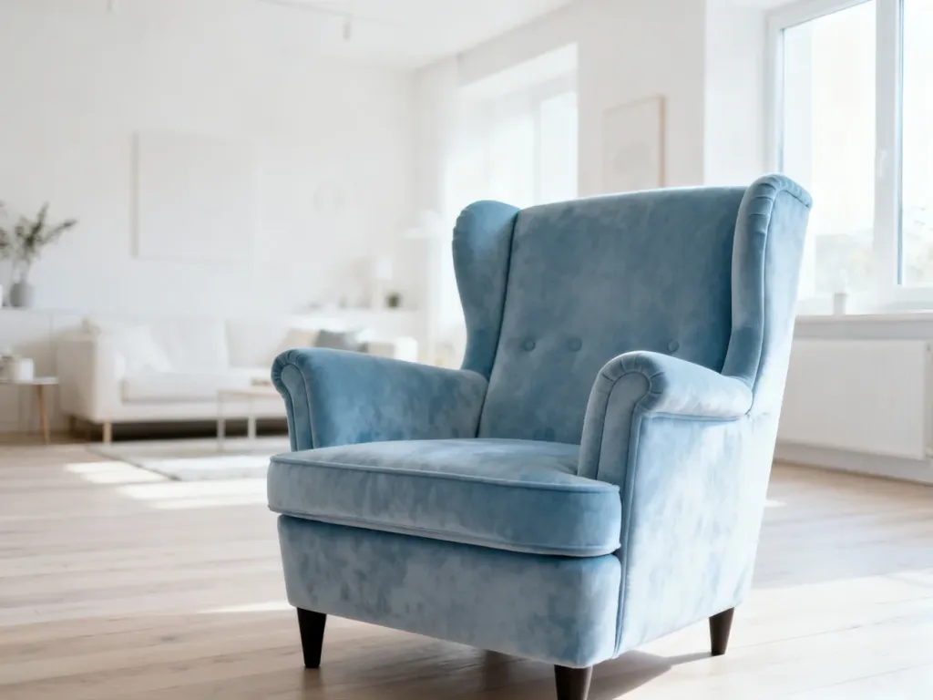 Aksamitny fotel w kolorze baby blue w jasnym, minimalistycznym salonie z naturalnym światłem.
