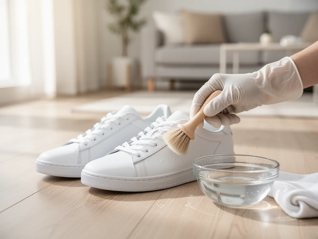 Ręka w rękawiczce czyści białe sneakersy miękką szczotką, obok miska z wodą i ściereczka na jasnej podłodze