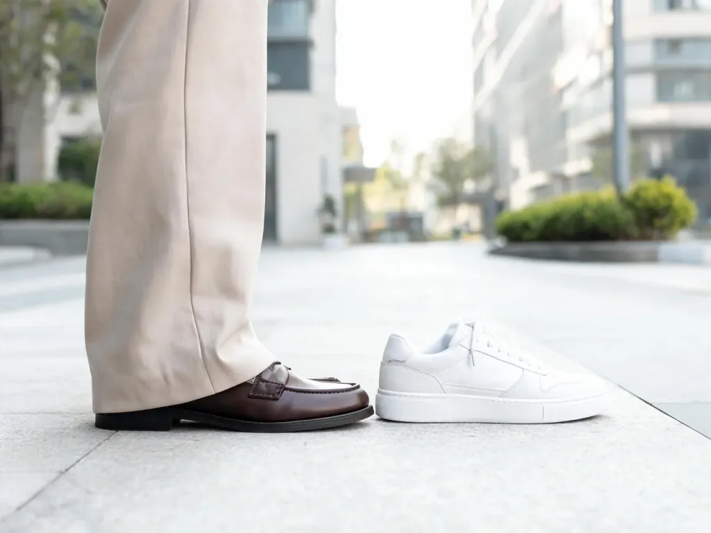 Szerokie szwedy na miejskim chodniku, zestawione z klasycznymi loafersami i białymi sneakersami jako propozycje obuwia.