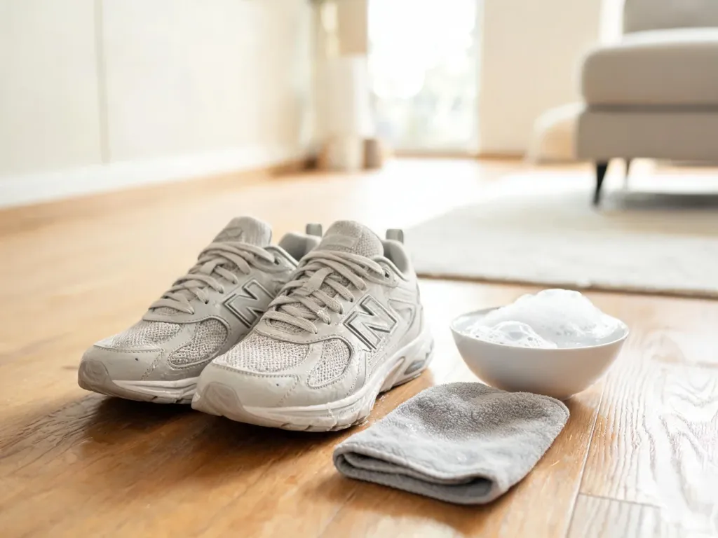 Czyste, lekko wilgotne buty sportowe na podłodze obok miski z mydlinami, ilustrujące delikatne pranie obuwia
