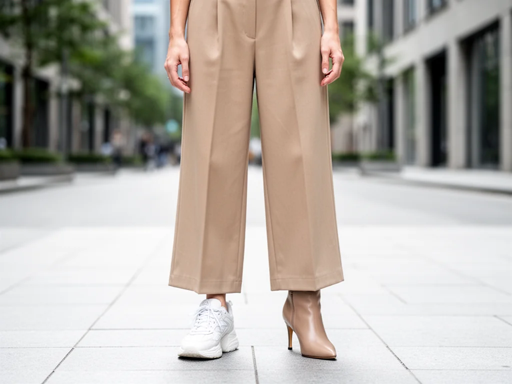 Szerokie beżowe spodnie zestawione z białymi sneakersami i eleganckim botkiem na obcasie, pokazujące różne style obuwia.