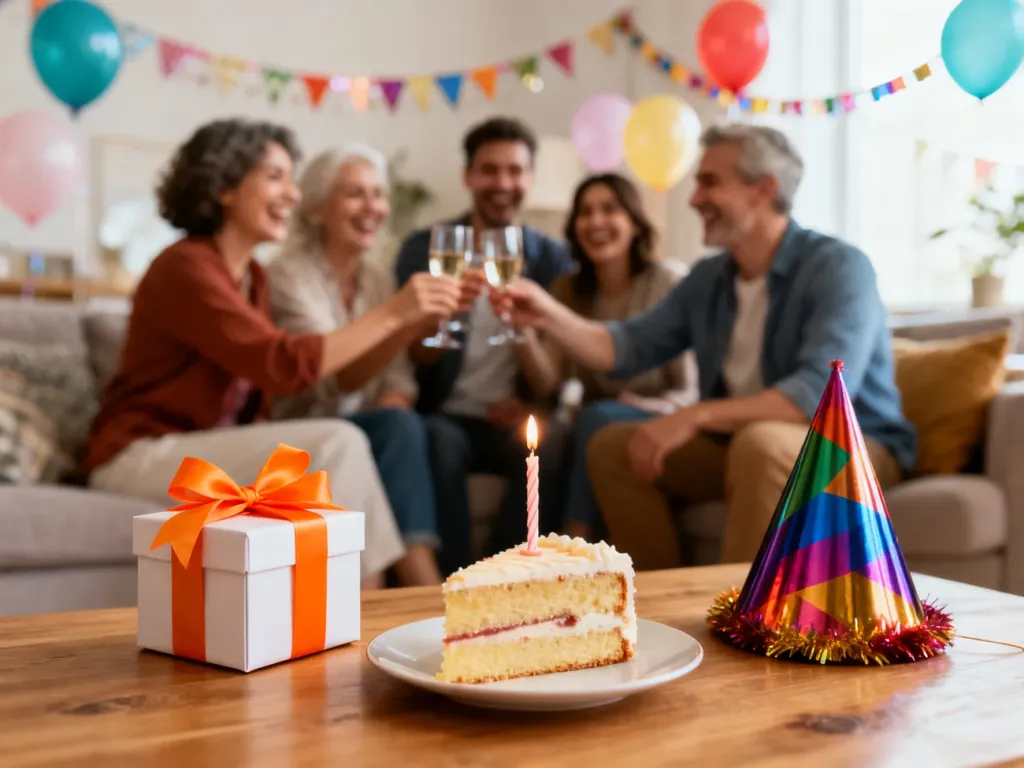Radosna impreza urodzinowa dorosłych z tortem, prezentem i kieliszkami wśród balonów, śmiechu i kolorowych dekoracji