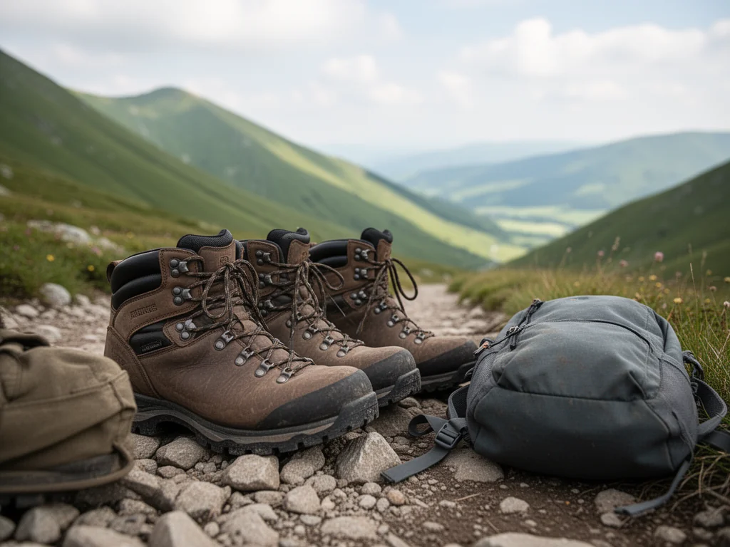 Trekkingowe buty na skalistym górskim szlaku z plecakiem, w tle zielone stoki i dolina, spokojna atmosfera wyprawy.