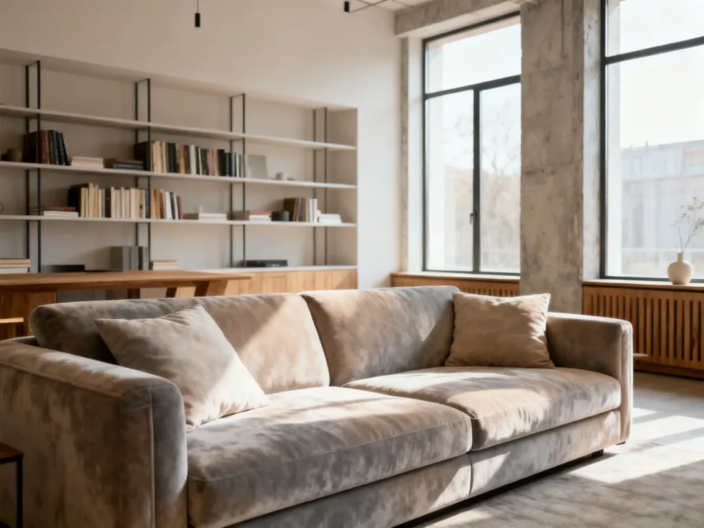 Jasny salon w stylu skandynawsko-industrialnym z welurową sofą, minimalistycznym regałem i naturalnym oświetleniem.
