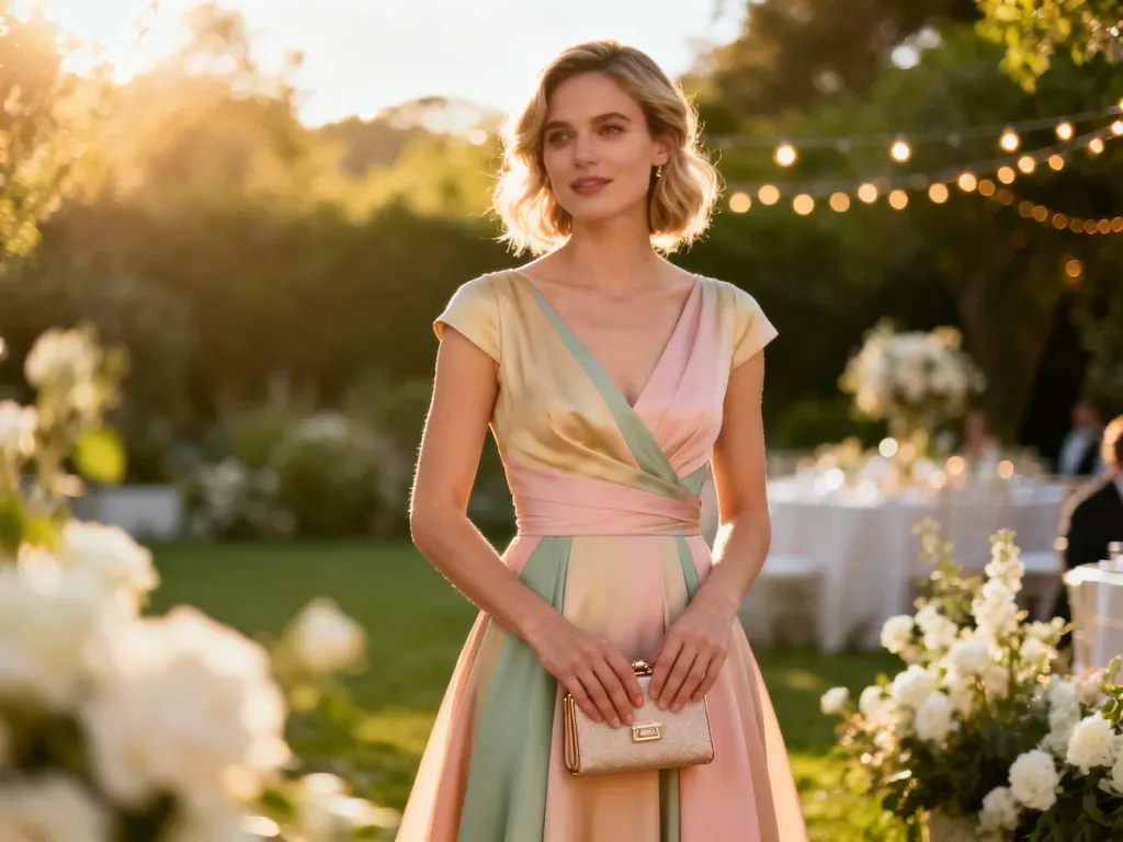 Elegancka kobieta w pastelowej sukience koktajlowej na weselu w ogrodzie, prezentująca modną stylizację w świetle zachodu.