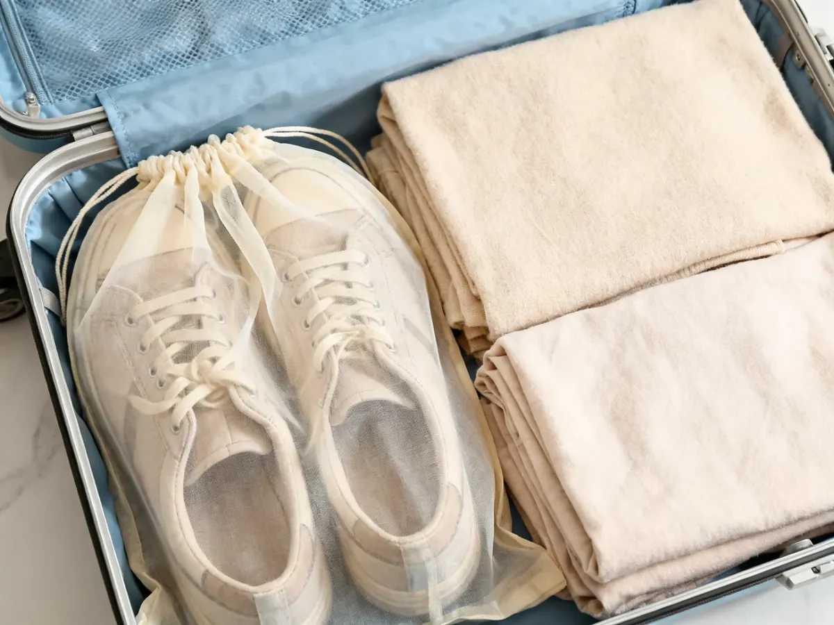 Buty w ochronnych workach przykryte miękkimi ubraniami w walizce