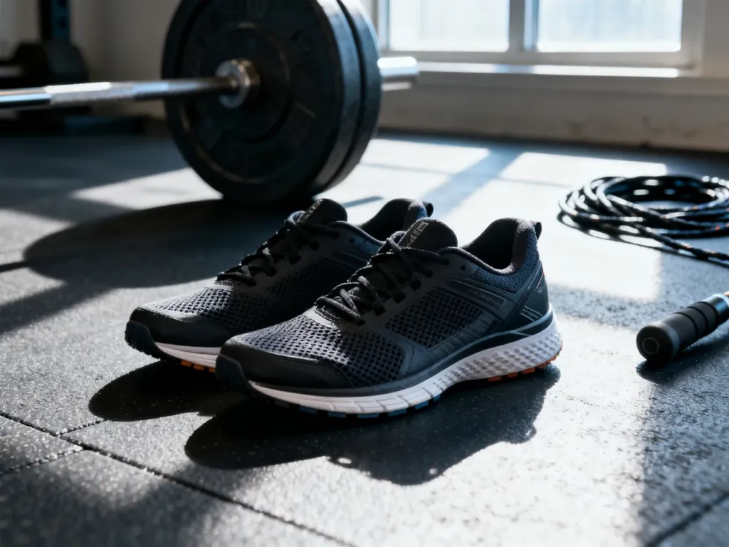 Profesjonalne buty do crossfitu na podłodze siłowni, obok sztangi i skakanki, podkreślające ich stabilność i wytrzymałość.