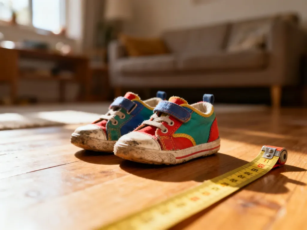 Kolorowe dziecięce buty na drewnianej podłodze obok miarki krawieckiej, gotowe do pomiaru stopy dziecka.