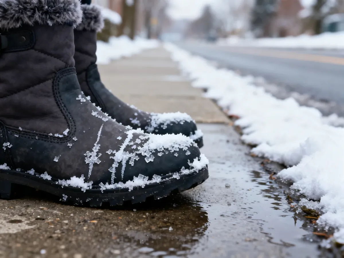 Zimowe buty z białymi zaciekami po soli drogowej