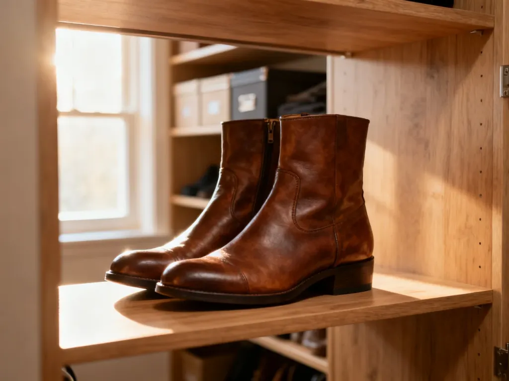 Eleganckie skórzane buty zimowe starannie ustawione na drewnianej półce w uporządkowanej garderobie.