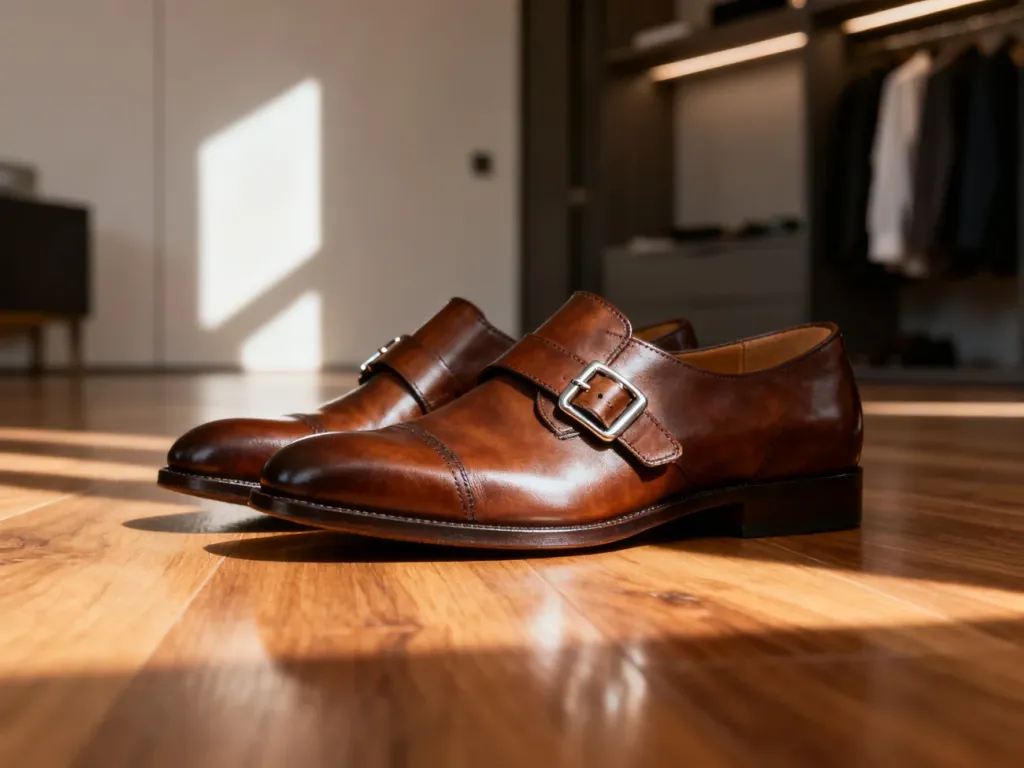 Brązowe skórzane buty typu monki z widocznymi metalowymi klamrami na tle eleganckiej garderoby.