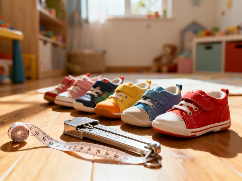 Kolorowe buty dziecięce ułożone w rzędzie obok profesjonalnej miarki do stóp na drewnianej podłodze.