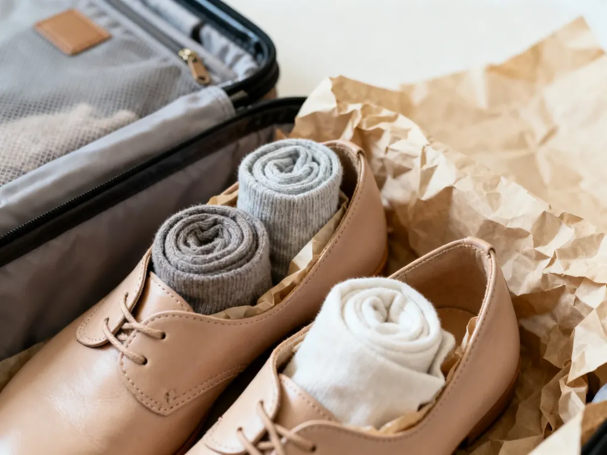 Delikatne skórzane buty wypełniane papierem i zwiniętymi skarpetkami