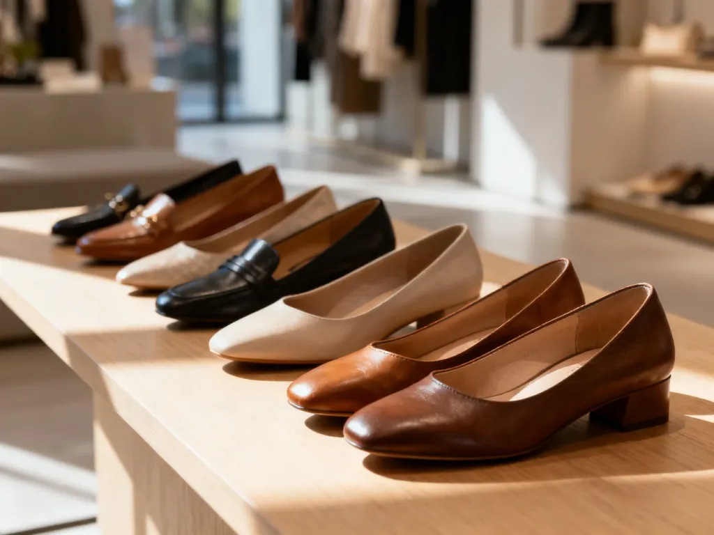 Eleganckie skórzane buty damskie ustawione w rzędzie na drewnianym blacie, prezentujące różnorodne modele obuwia.