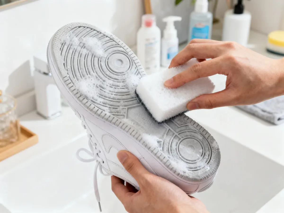 Czyszczenie gumowej podeszwy białego sneakersa gąbką melaminową