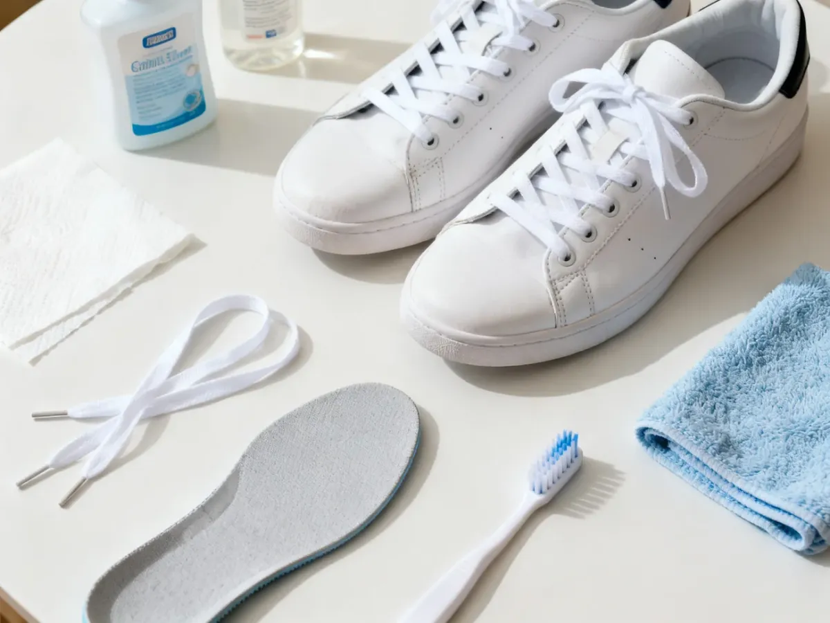Akcesoria przygotowane do czyszczenia białych sneakersów