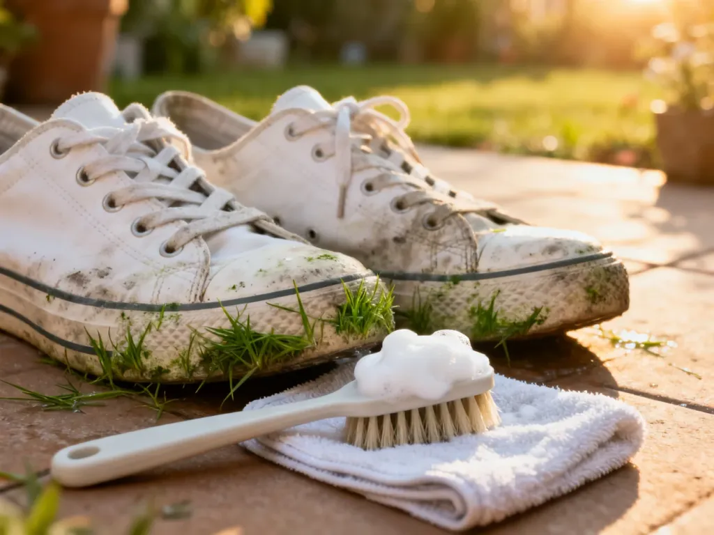 Brudne białe sneakersy z plamami trawy oraz akcesoria do czyszczenia: szczotka z pianą i ściereczka na słonecznym tarasie.