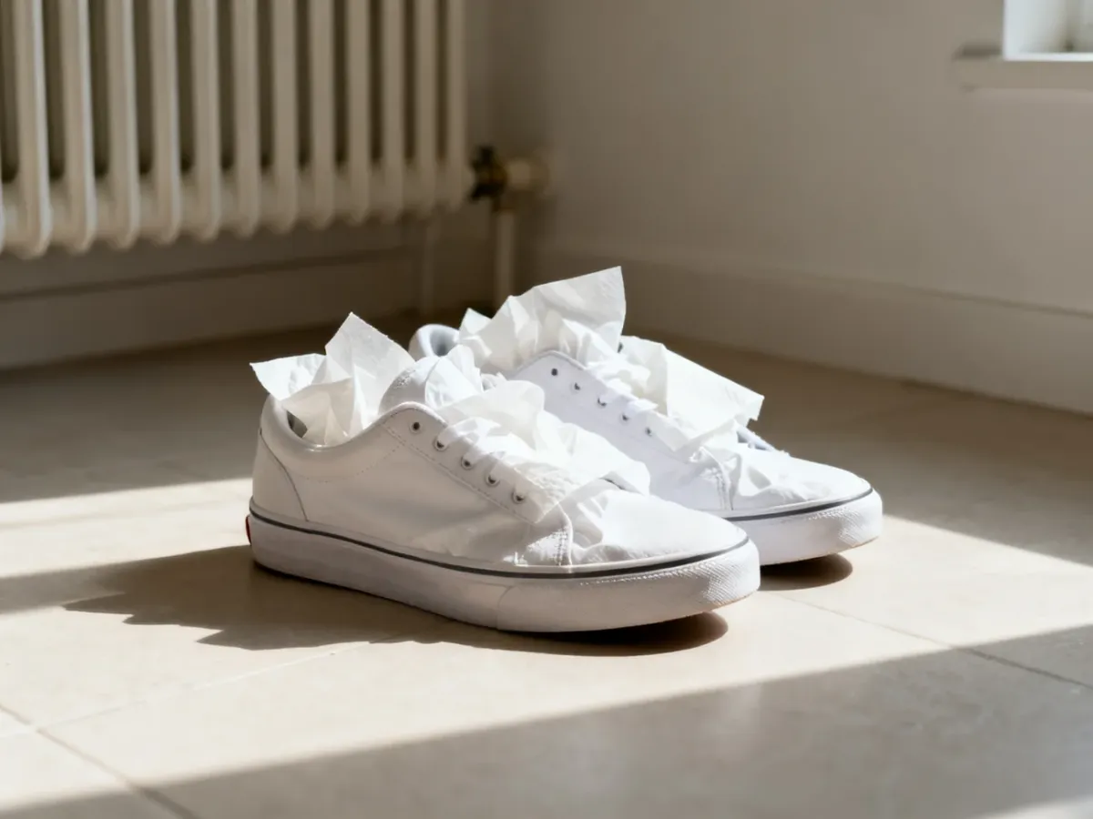 Białe sneakersy suszące się naturalnie po czyszczeniu