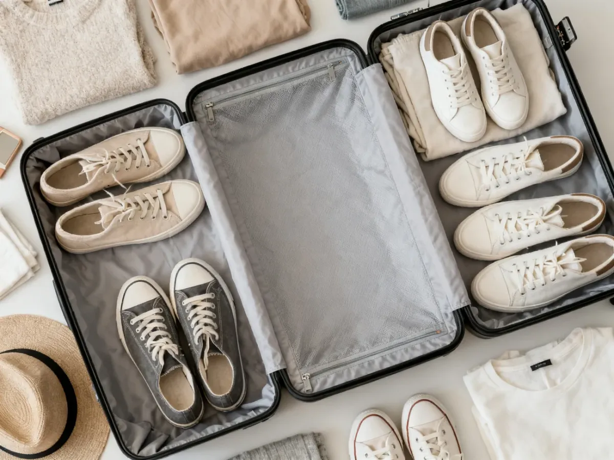 Buty ułożone w narożnikach i wzdłuż boków walizki